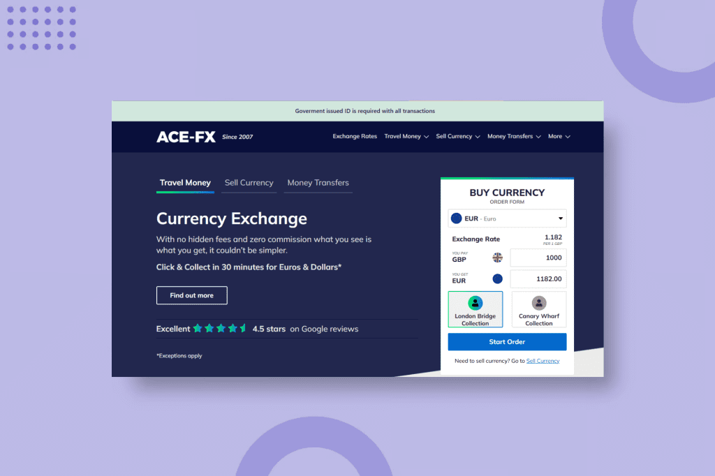 Screenshot of Ace-FX website on purple background