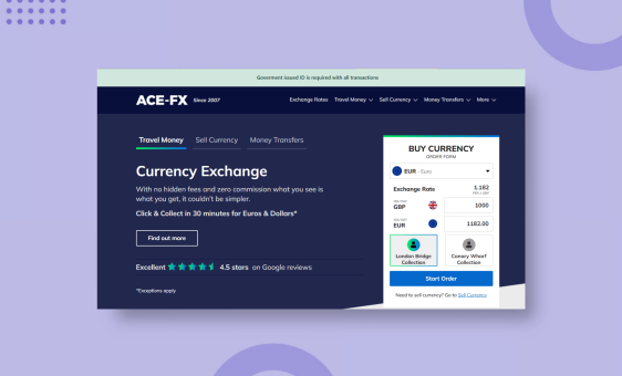 Screenshot of Ace-FX website on purple background