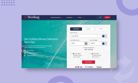 Screenshot of Sterling FX Website on a purple background