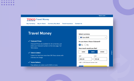 Screenshot of Tesco Travel Money webpage on a green background