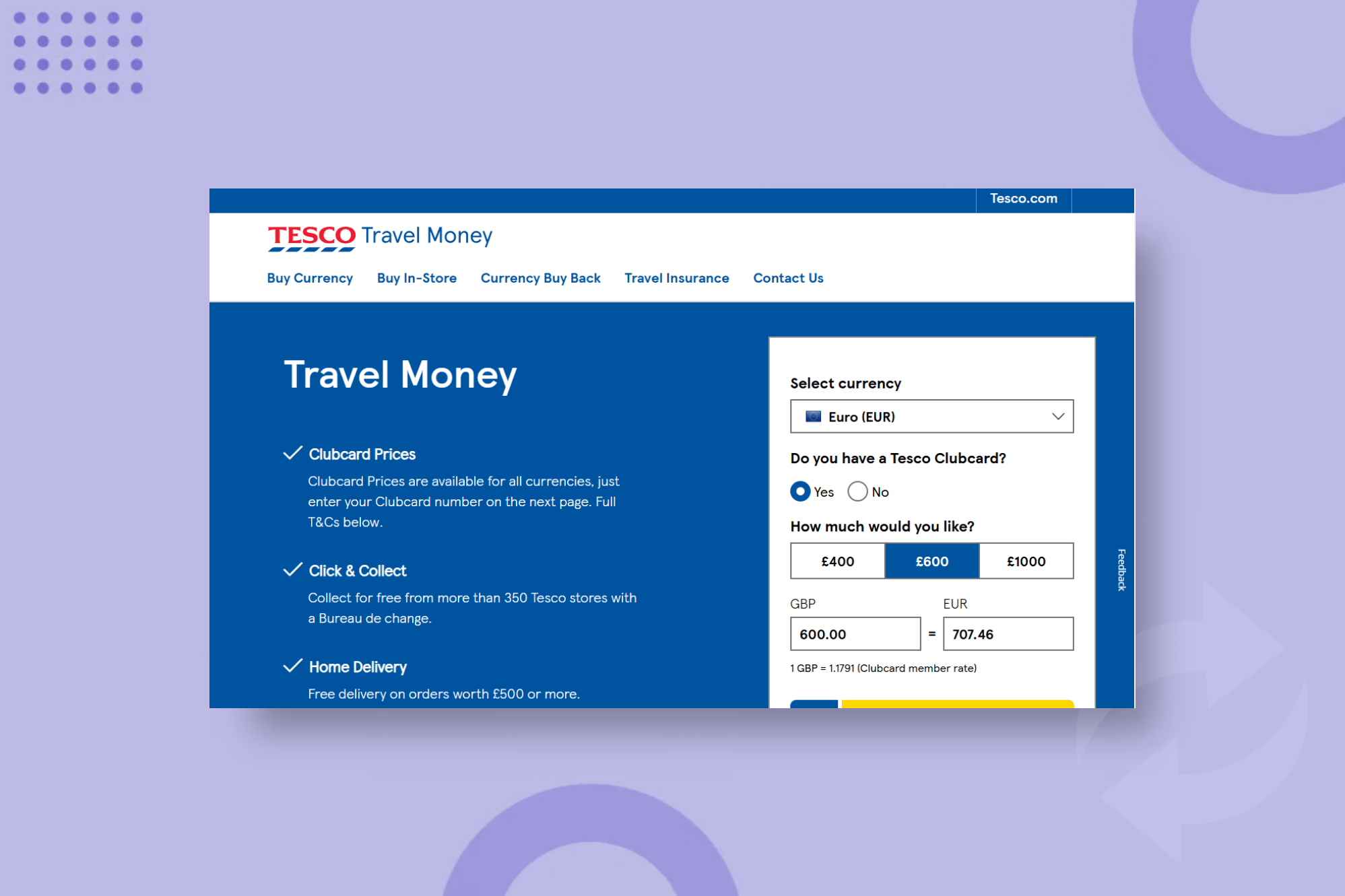 Screenshot of Tesco Travel Money webpage on a green background